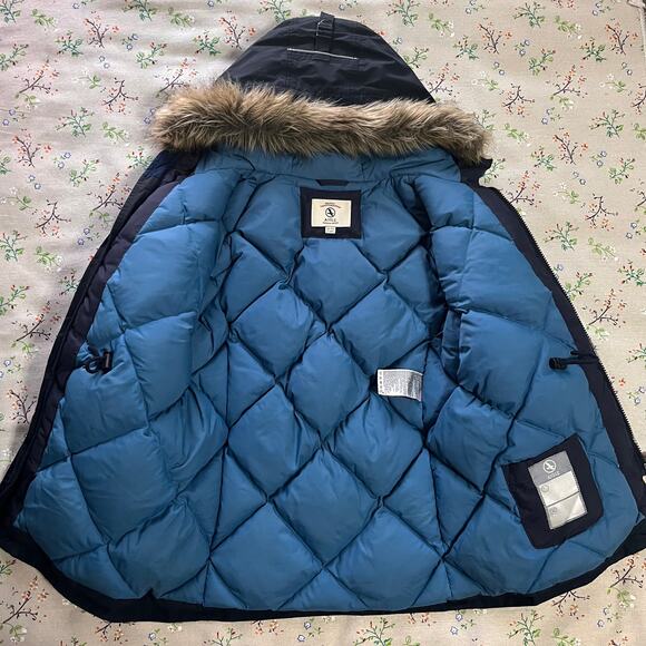 Aigle Goose Down Parka Winter Coat Faux Fur Hood Kids L 12-14 Blue Puffer Jacket - Picture 3 of 8
